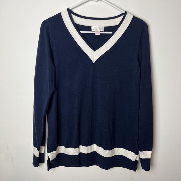 Belle by Kim Gravel Sweater Womens XS Navy White V Neck Contrast Trim Pullover - Picture 1 of 6